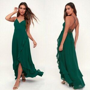 LULUS In Love Forever Emerald Green Lace-Up High-Low Max Large Womens